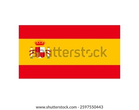 Illustration of the Spain flag with red and yellow stripes and the national coat of arms, isolated on white background.