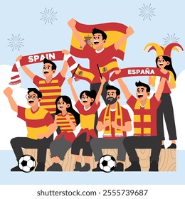 Illustration of Spain Football Fans Celebrating with Flags and Soccer Theme