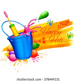 illustration of spalsh with object coming out from bucket in Happy Holi Background