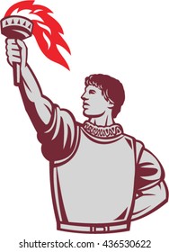 Illustration of a spanish conquistador looking to the side wearing armor with one head at the back and the other hand raising up torch set on isolated white background done in retro style. 