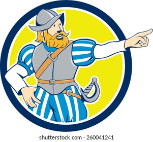 Illustration of a spanish conquistador pointing looking to side set inside circle on isolated background done in cartoon style.