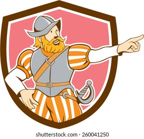 Illustration of a spanish conquistador pointing looking to side set inside shield on isolated background done in cartoon style.