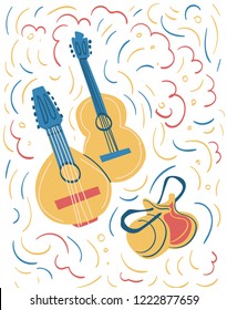 Illustration of spanish national instruments such as guitar, bandurria and castanets