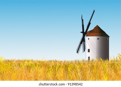 Illustration of a Spanish windmill in a yellow grass field