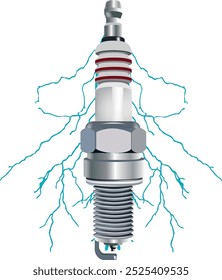 Ilustração de uma vela de ignição gerando raios elétricos azuis, simbolizando energia e potência