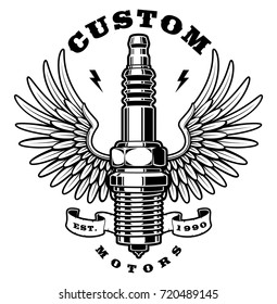Illustration of spark plug with wings. Vintage style. Text is on the separate layer. (VERSION ON WHITE BACKGROUND)
