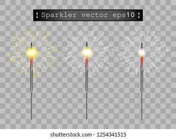 Illustration of sparkler, Bengali or Indian realistic fireworks, fire, pyrotechnics. New year, Christmas, Birthday. The element is isolated on a transparent background.