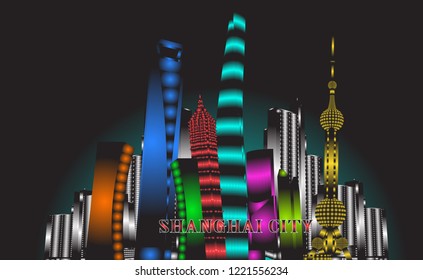 
Illustration of sparkling building in Shanghai, China Colorful light-night vector