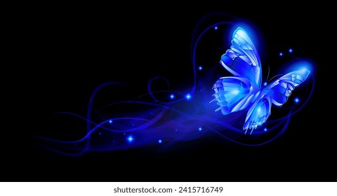 Illustration of a sparkling and glowing blue fire butterfly flying on a black background