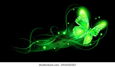 Illustration of a sparkling and glowing green fire butterfly flying on a black background