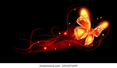 Illustration of a sparkling and glowing orange fire butterfly flying on a black background