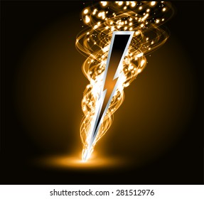 illustration of sparkling lightning bolt with electric effect. dark orange thunderbolt.