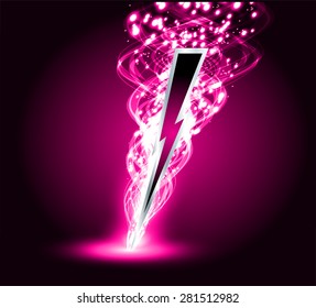 illustration of sparkling lightning bolt with electric effect. purple thunderbolt.