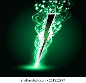 illustration of sparkling lightning bolt with electric effect. dark green thunderbolt.