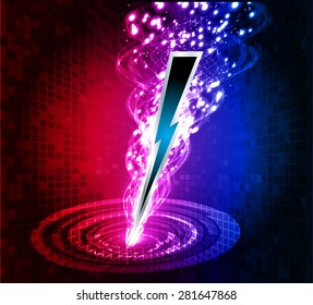 illustration of sparkling lightning bolt with electric effect. red pink blue thunderbolt.