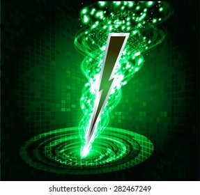 illustration of sparkling lightning bolt with electric effect. green thunderbolt.
