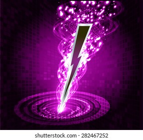 illustration of sparkling lightning bolt with electric effect. purple thunderbolt.