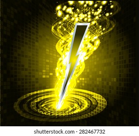 illustration of sparkling lightning bolt with electric effect. dark yellow thunderbolt.