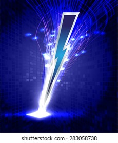 illustration of sparkling lightning bolt with electric effect. dark blue thunderbolt.
