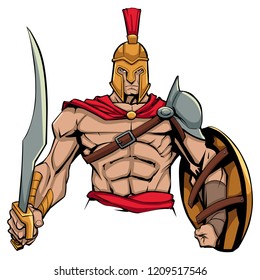 Illustration of Spartan warrior holding sword and shield, ready for battle.