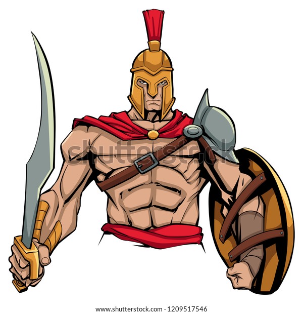 剣と盾を持つスパルタ人の戦士のイラスト 戦闘準備完了 のベクター画像素材 ロイヤリティフリー 1209517546