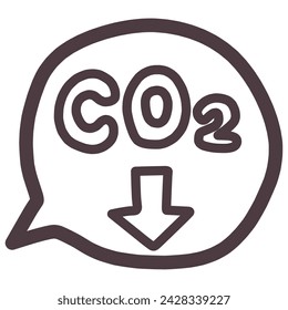 Illustration of a speech balloon with the word CO2 and a downward-pointing arrow, which is an image of carbon dioxide reduction.