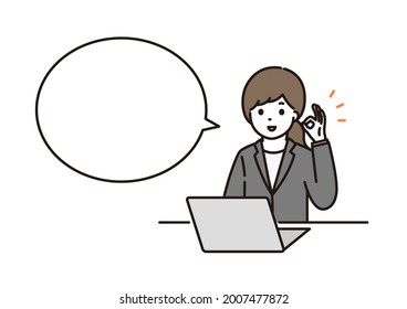 Illustration of a speech bubble, a business woman who smiles and signs OK in front of a computer