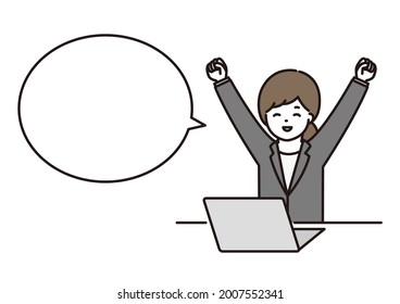 Illustration Of A Speech Bubble, A Business Woman Doing A Guts Pose In Front Of A Computer