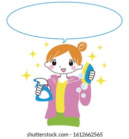 Illustration with a speech bubble of a stylish woman cleaning