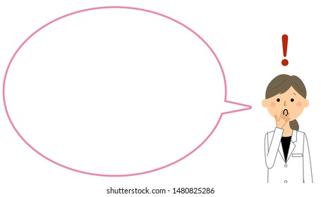 Illustration of a speech bubble surprised by a woman wearing a white coat.