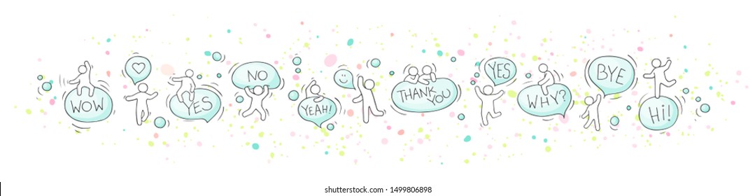 Illustration with speech bubbles. Comic hand drawn template with little people standing in a row. Vector isolated on white background.