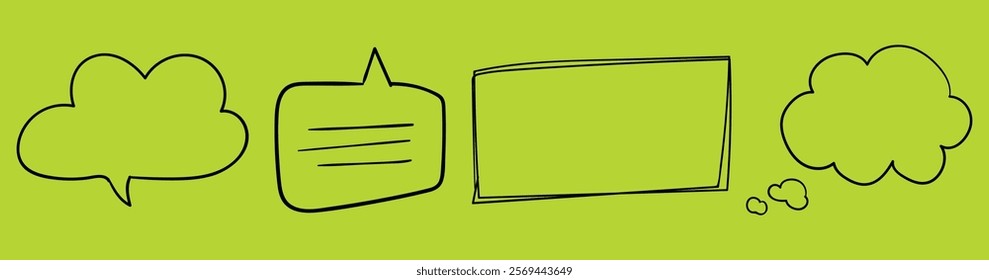 Illustration of speech bubbles on a green background. Speech bubbles in various shapes. Green background with speech bubbles. Communication theme with speech bubbles. Hand drawn message set. Vectors.