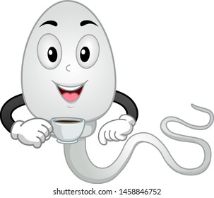 Ilustración de un esperma sosteniendo y bebiendo una taza de café