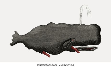 Illustration of a sperm whale with a spout of water. The whale is depicted in a vintage style, emphasizing its large head and textured body. Vintage marine life illustration isolated on white, vector.