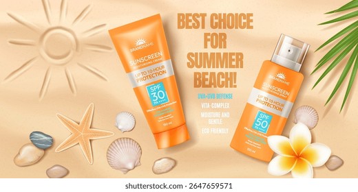 Illustration of SPF 30 and SPF 50 sunscreen bottles on sandy beach background. Vibrant orange colors. Represents safe sun protection. Ideal for summer travel and beach days.