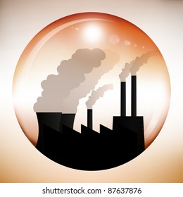 Illustration of a sphere with dark chemical factory inside. Lots of smoke pouring out of the chimneys and cooling towers
