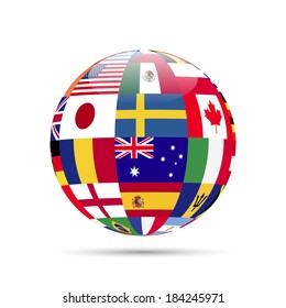 Illustration of a sphere with flags isolated on a white background.