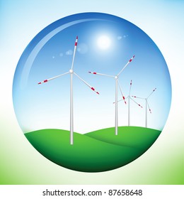 Illustration of a sphere with land, sky, sun and windmill power generators inside