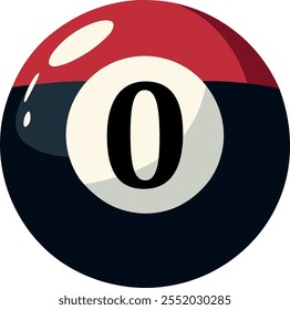  Illustration of a sphere with a number "0, zero" highlighted in the center. Snooker ball style in red, black and white