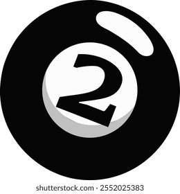 Illustration of a sphere with a number "2, two" highlighted in the center. Snooker ball style in black and white.