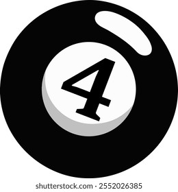 Illustration of a sphere with a number "4, four" highlighted in the center. Snooker ball style in black and white.