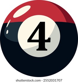 Illustration of a sphere with a number "4, four" highlighted in the center. Snooker ball style in red, black and white.