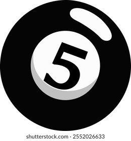 Illustration of a sphere with a number "5, five" highlighted in the center. Snooker ball style in black and white.