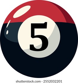 Ilustración de una esfera con un número "5, cinco" resaltado en el centro. Estilo de bola de snooker en rojo, negro y blanco.