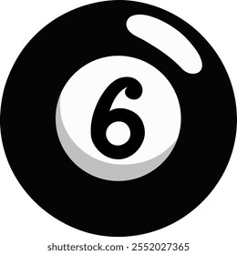 Illustration of a sphere with a number "6, six" highlighted in the center. Snooker ball style in black and white.