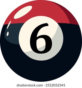 Illustration of a sphere with a number "6, six" highlighted in the center. Snooker ball style in red, black and white.