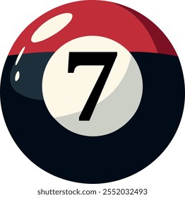 Illustration of a sphere with a number "7, seven" highlighted in the center. Snooker ball style in red, black and white.