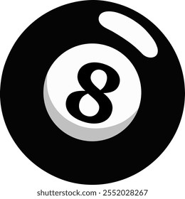 Illustration of a sphere with a number "8, eight" highlighted in the center. Snooker ball style in black and white.