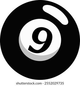 Ilustração de uma esfera com um número "9, nove" destacado no centro. Estilo Snooker ball em preto e branco.