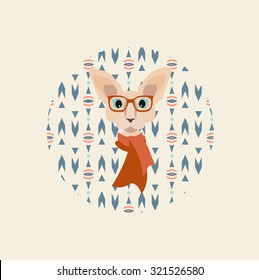 Illustration of sphinx hipster cat wearing a scarf and glasses made on geometric ethnic background.